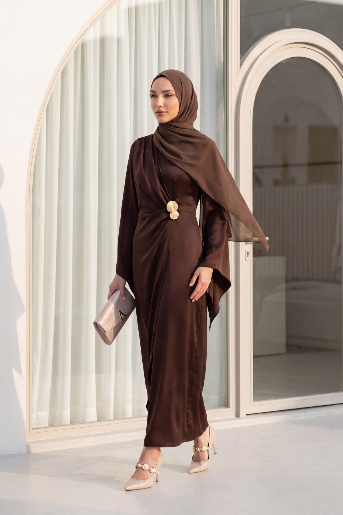 Buckle Detailed Double Front Asymmetrical Sleeve Satin Evening Dress -Brown