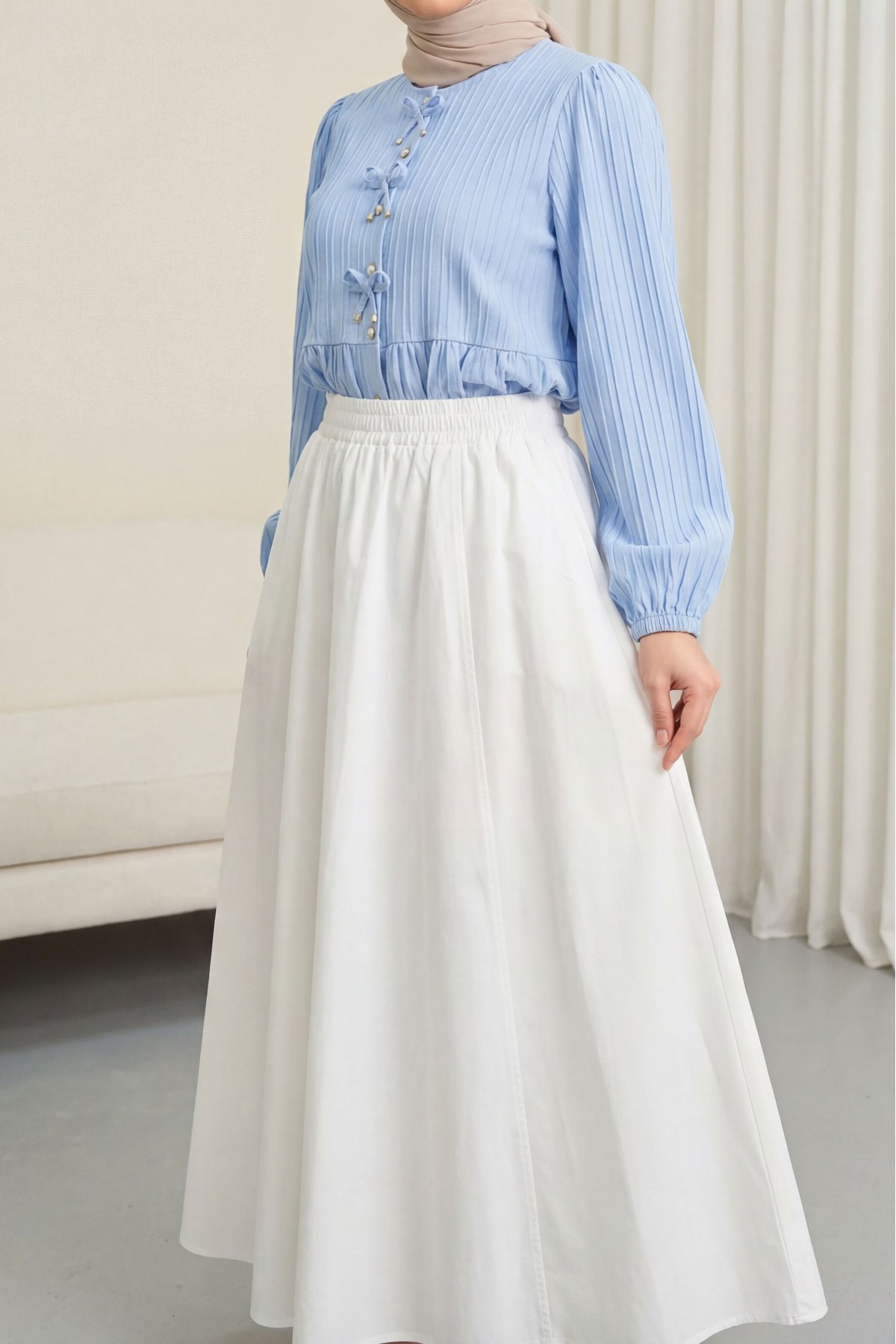 Double Pocket Poplin Flared Skirt with Elastic Waist -White