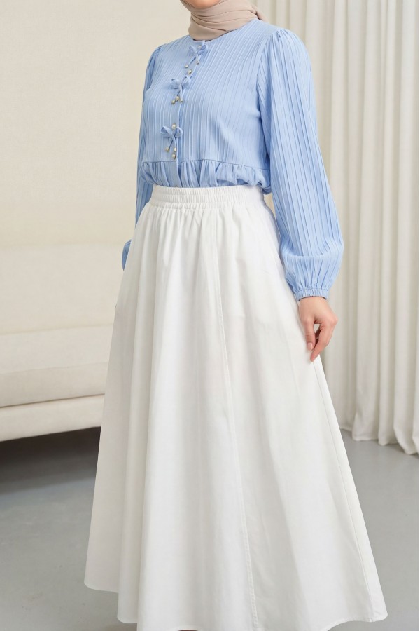 Double Pocket Poplin Flared Skirt with Elastic Waist -White