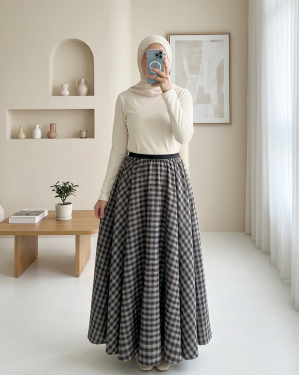 Plaid Patterned 360 Degree Skirt with Elastic Waistband -Dark Coffee