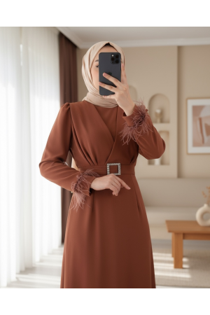 Buckled Belt Sleeve Feather Detailed Front Double Layer Dress  -Snuff