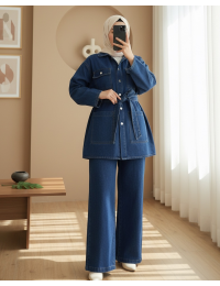 Beli Kemerli Cepli Önü Düğmeli Kot Takım -İndigo