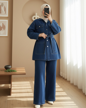 بدلة جينز بحزام على الخصر وجيوب وأزرار  أمامية -اللون النيلي