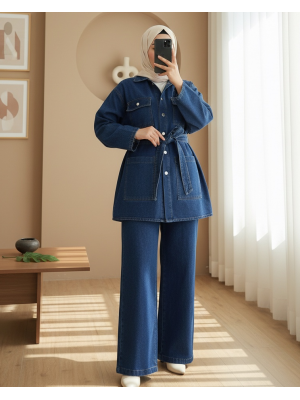 Beli Kemerli Cepli Önü Düğmeli Kot Takım -İndigo