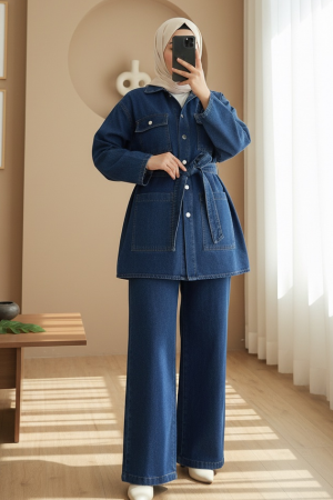 Beli Kemerli Cepli Önü Düğmeli Kot Takım -İndigo