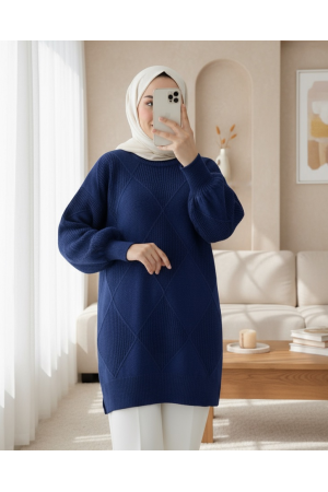 Round Neck Diamond Pattern Slit Knitwear Sweater -Navy blue