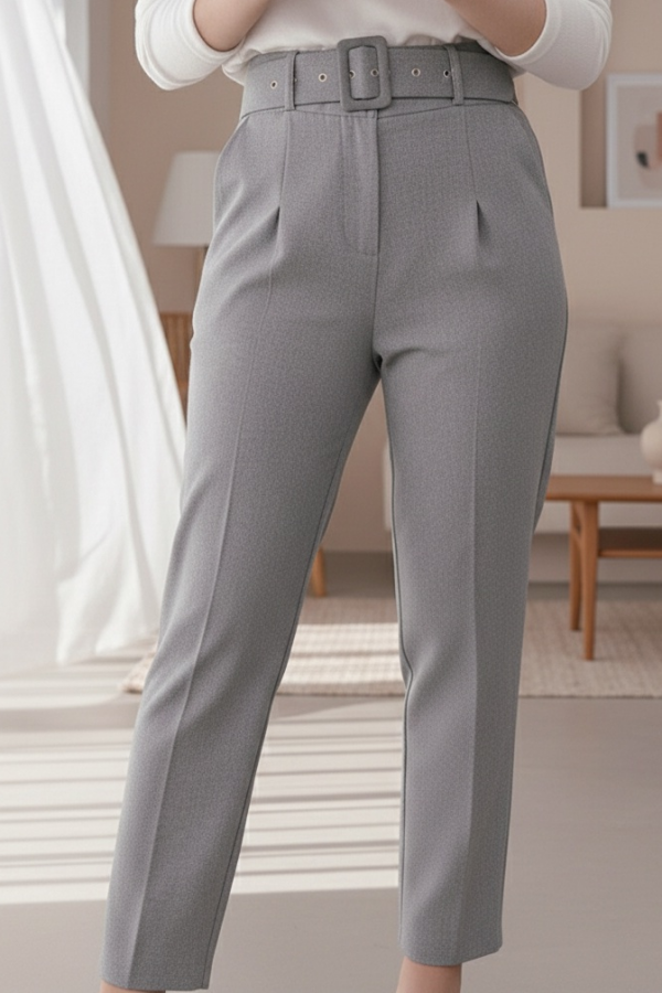 Thick Belted Fabric Trousers    -Grey