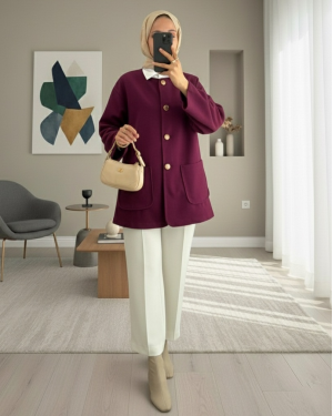 Double Pocket Buttoned Front Cashmere Jacket -Damson