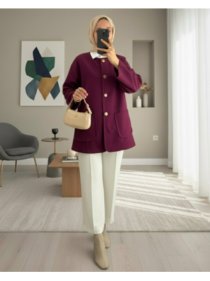 Çift Cepli Önü Düğmeli Kaşe Ceket -Mürdüm