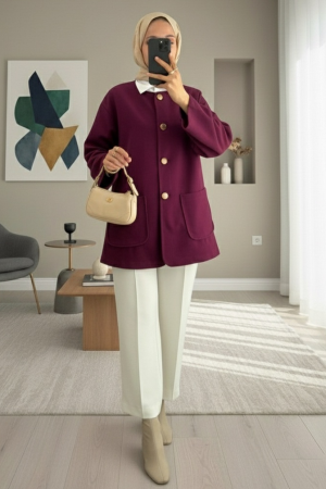 Double Pocket Buttoned Front Cashmere Jacket -Damson