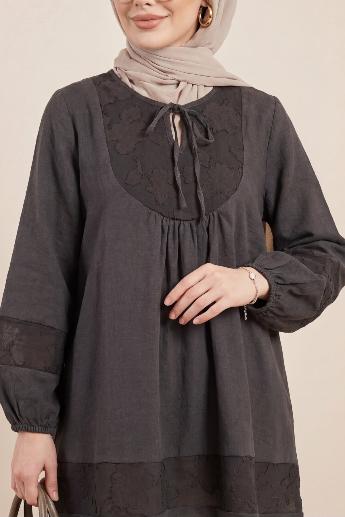 Modal Tunic with Tie Neckline and Elasticated Sleeves -Dark Coffee