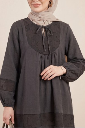 Modal Tunic with Tie Neckline and Elasticated Sleeves -Dark Coffee