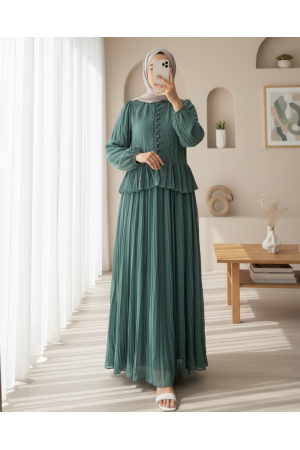 Yakası Fırfırlı Düğmeli Şifon Kraş Etekli Takım -Mint