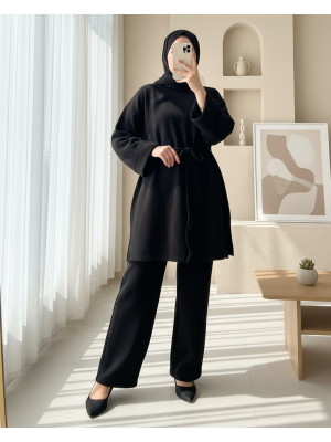 Kolu Katlı Beli Bağlamalı Yırtmaçlı Selanik Tunik -Siyah