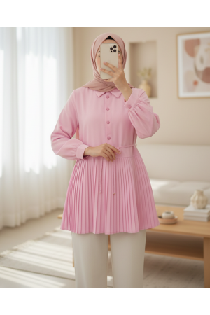 قميص مطوي مربوط عند الخصر بنصف أزرار  -بودرة