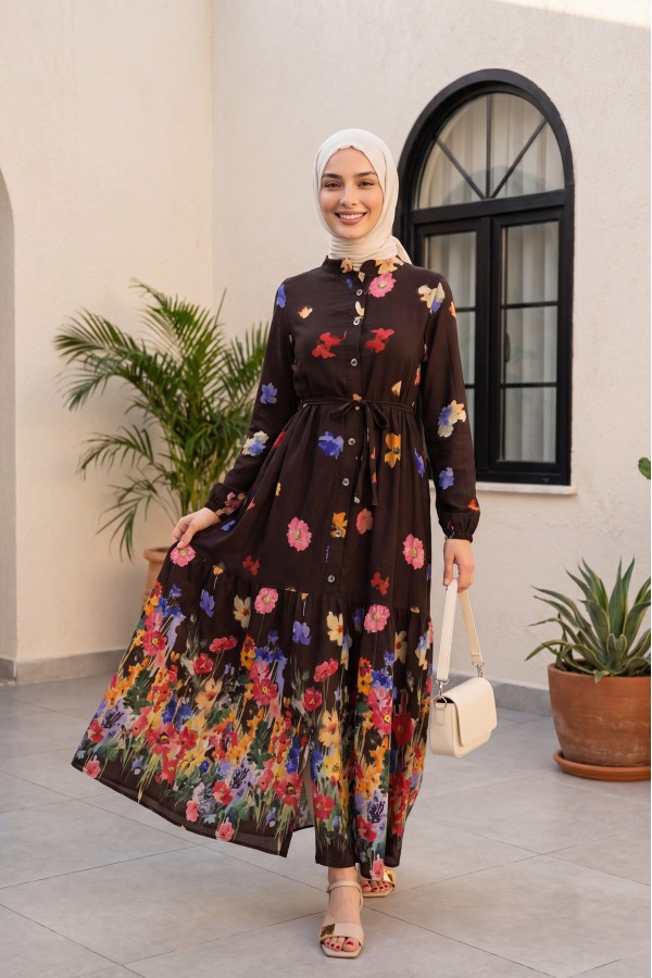 Floral Patterned Polycotton Dress with Elasticated Sleeves, Half Button Closure and Belt -Brown