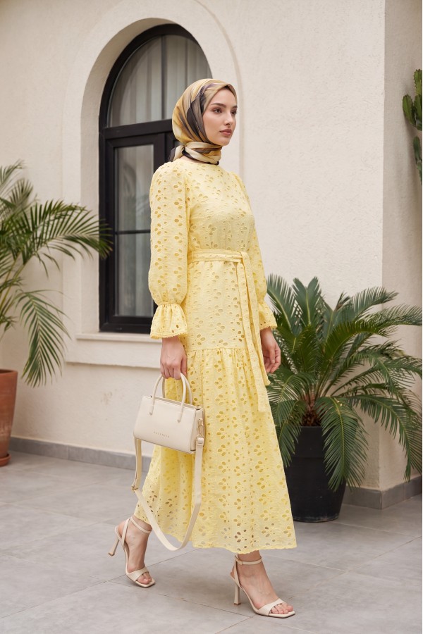 Crew Neck, Ruffled, Elasticated Sleeves, Lined Long Linen Dress -Yellow