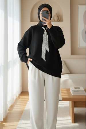 Fularlı Yumoş Triko Kazak -Siyah