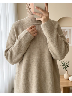 Sakallı Uzun Salaş Triko Tunik   -Vizon