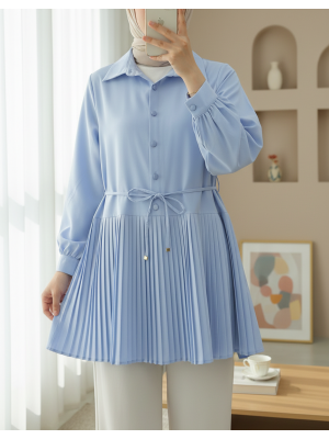 Yarım Düğmeli Beli Bağlamalı Piliseli Gömlek  -Bebe Mavi