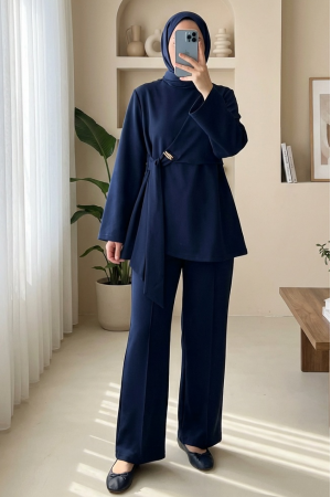 Two-piece Scuba Set with Buckled Cross-Laced Slit Pants -Navy blue