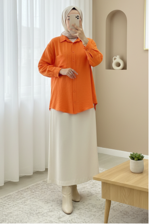 Tek Cepli Düğmeli Keten Gömlek -Turuncu