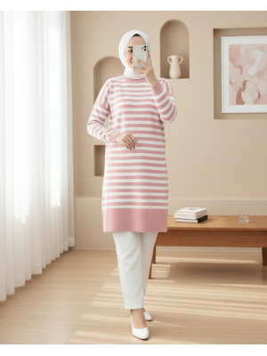 Yuvarlak Yaka Tesettür Salaş Triko Tunik  -Pudra