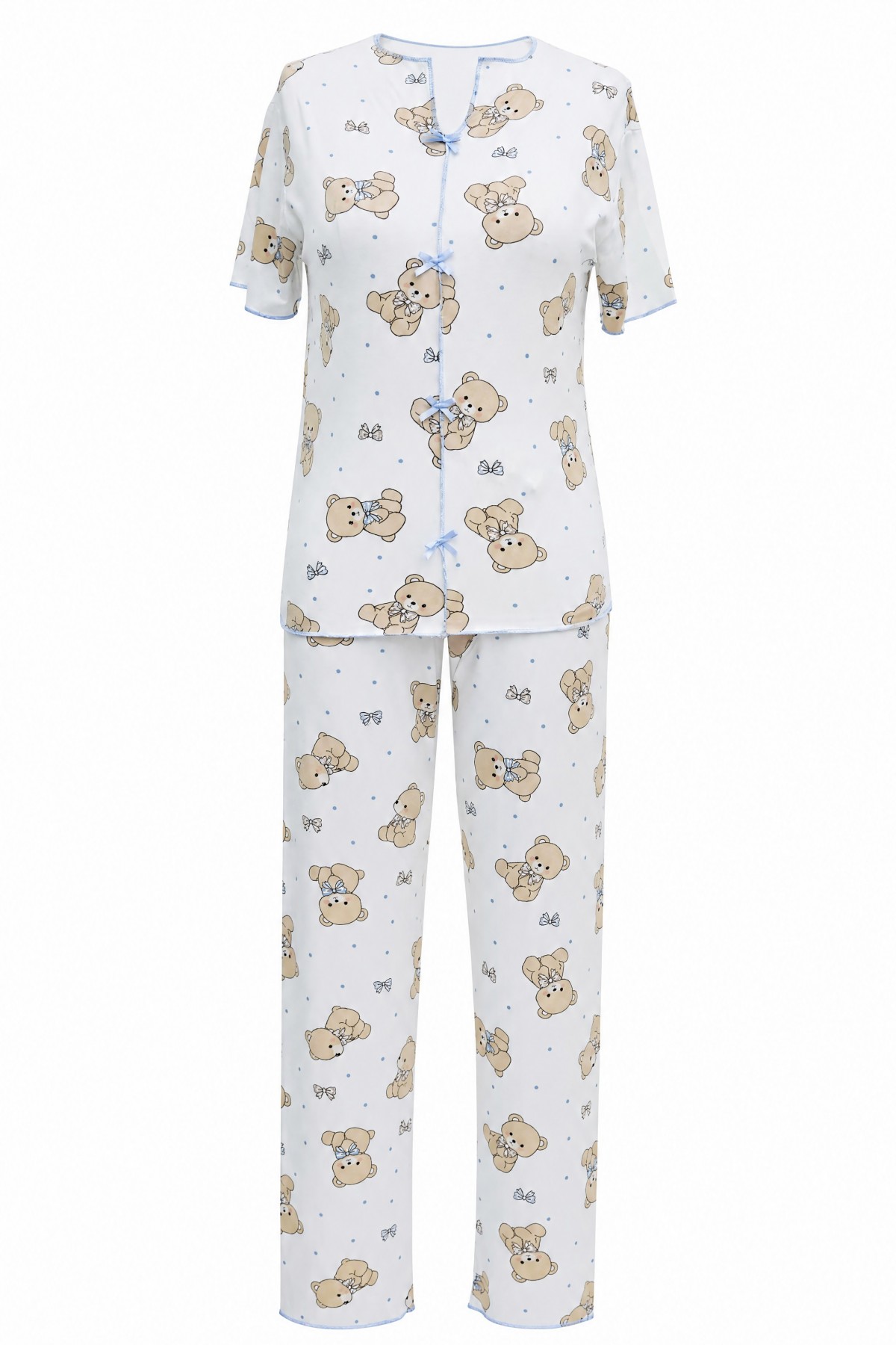 Mixed Pattern V-Neck Short-Sleeve Cotton Pajama Set with Bow Detail at Front -White