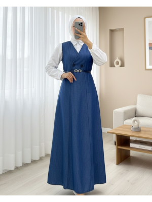 Çift Düğmeli Kemerli Kot Jile -İndigo