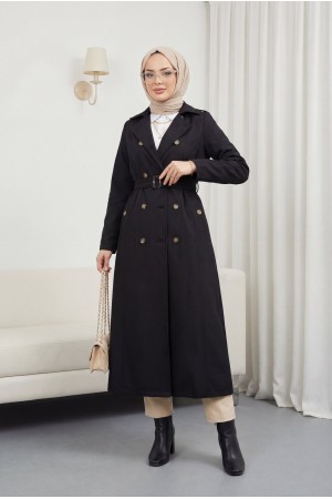 Çift Düğmeli Kemerli Trençkot -Siyah