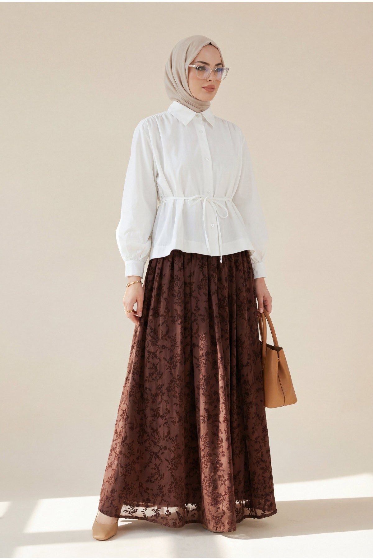 Shirt Blouse with Gathered Shoulders and Lace-up Detail -White