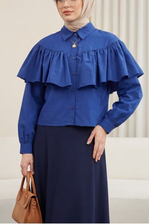 Poplin Shirt Blouse with Ruffle Detail on Front and Shoulders -Navy blue
