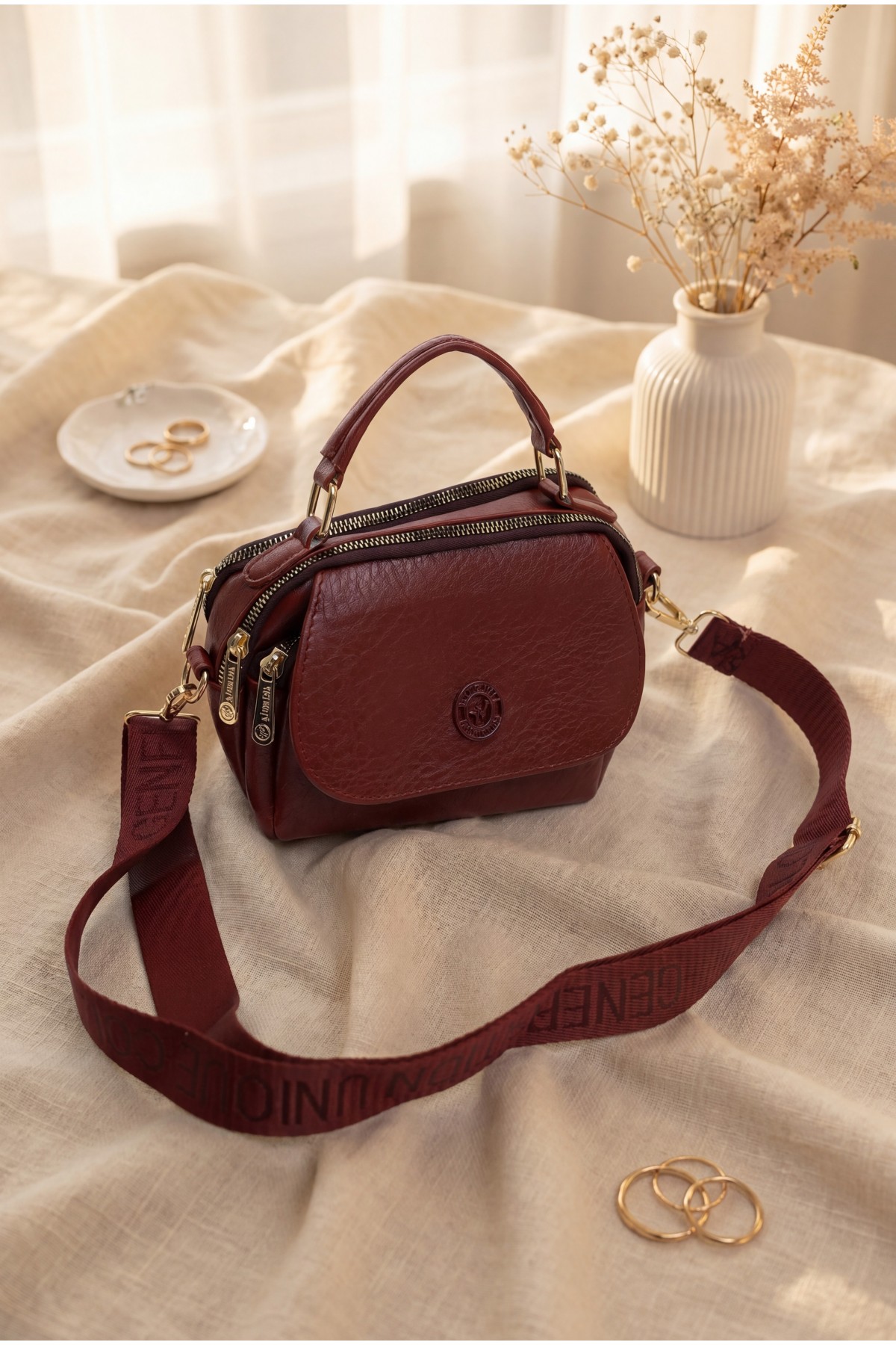 Wide Woven Strap Multi-Compartment Crossbody Women's Bag -Maroon
