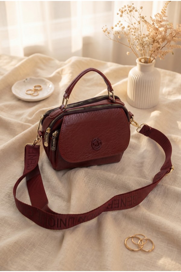 Wide Woven Strap Multi-Compartment Crossbody Women's Bag -Maroon