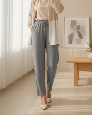 Beli Bağcıklı Dar Paça Pantolon    -Füme