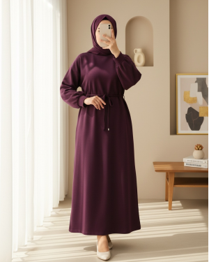 Round Neck Belted Long Cotton Dress -Damson