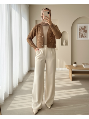 Stone Button Ripped Crop Cardigan  -Mink color