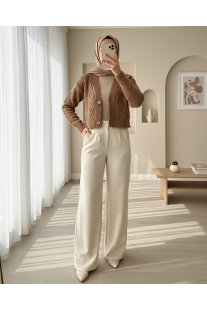 Taş Düğmeli Yırtıklı Krop Hırka  -Vizon