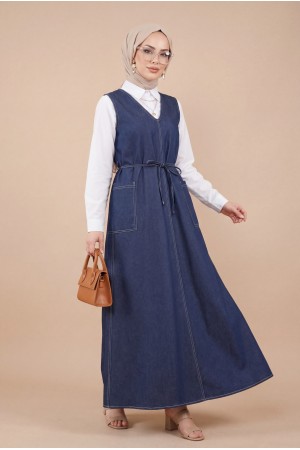 Yandan Çift Cepli V Yaka Beli Bağcıklı Kot Jile -K.Laci