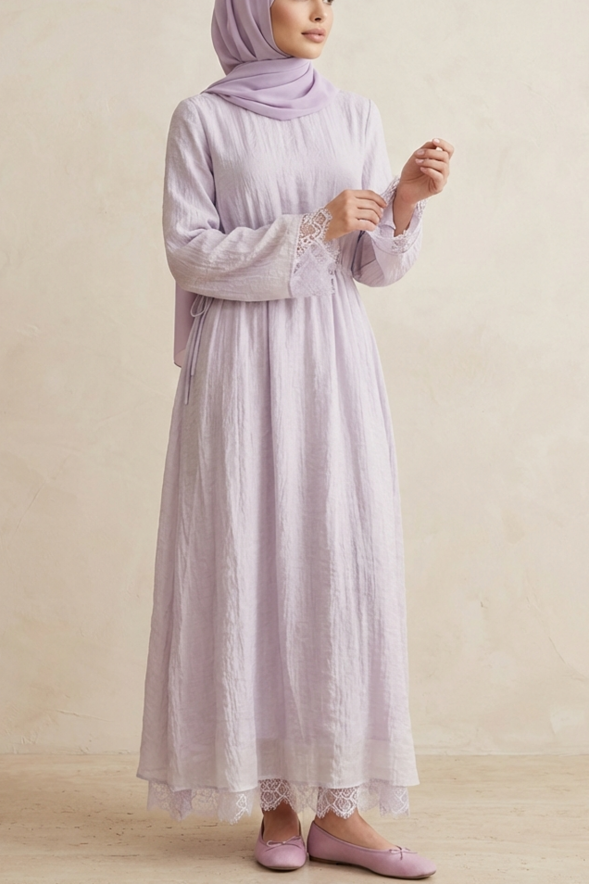 Women's Long Dress with Lace Detail and Waist Tie
