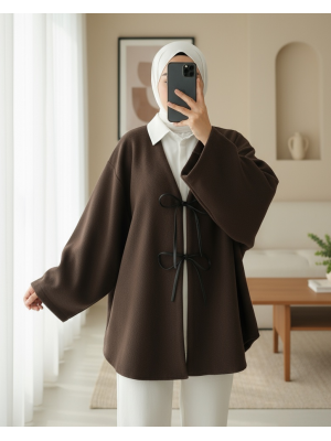 Laced Front Oval Cut Cashmere Kimono     -Brown