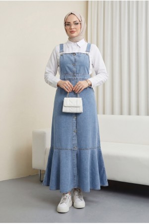 Front Buttoned Side Pocket Ruffle Skirt Denim Vest -Ice Blue