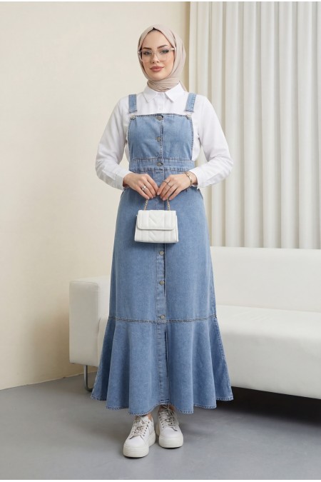Önden Düğmeli Yan Cepli Eteği Fırfırlı Kot Jile -Buz Mavi