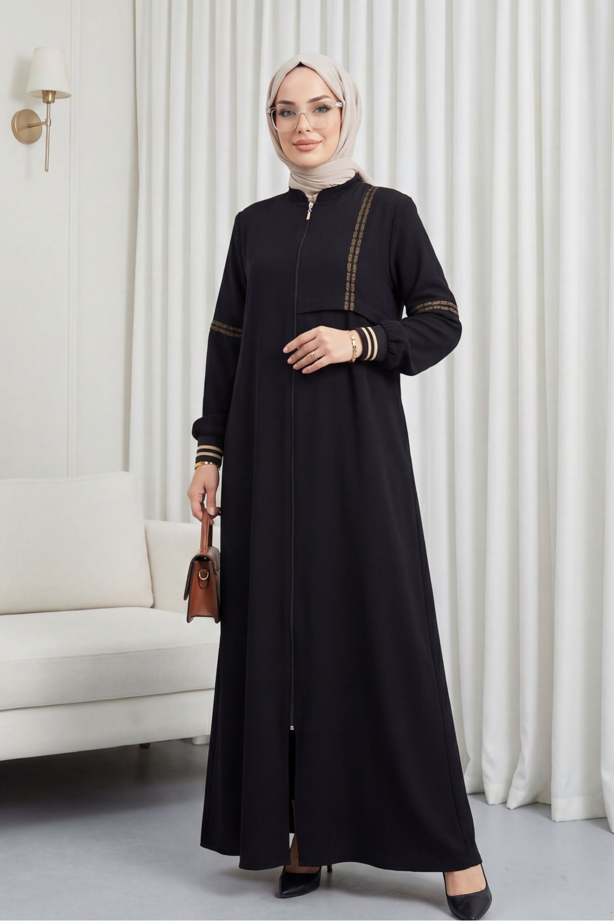 Embroidered Ribbed Abaya Black HM2857