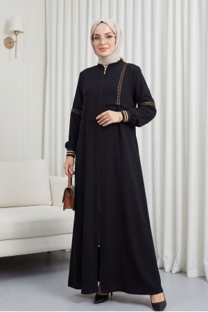 Embroidered Ribbed Abaya Black HM2857