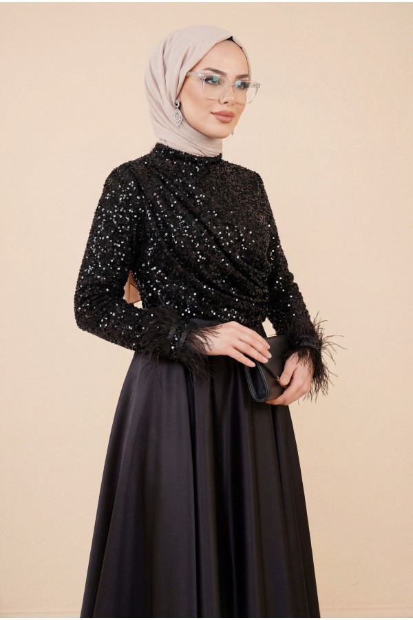 Sequined Top, Feathered Sleeves, Satin Skirt Evening Dress -Black