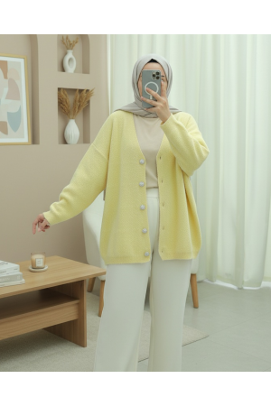 Önü Düğmeli Sakallı Salaş Triko Hırka   -Sarı