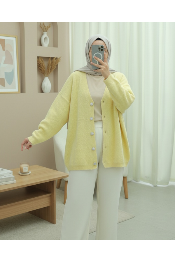 Önü Düğmeli Sakallı Salaş Triko Hırka   -Sarı