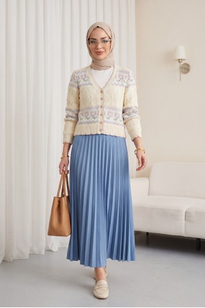 Kelebek Desenli Renkli Düğmeli Ajurlu Triko Hırka  -Krem