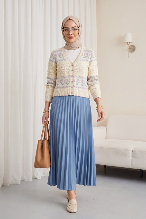 Butterfly Patterned Colorful Buttoned Openwork Knit Cardigan -Cream color